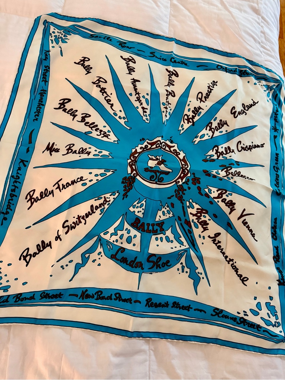 Bally rectangle Silk Scarf in White and Turquoise 28” x 29”